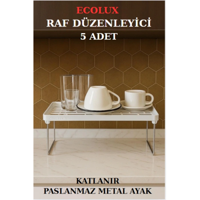 Dolap İçi Düzenleyici Paslanmaz Metal Ayaklı Klipsli Raf Tabak Bardak Rafı - 5 ADET