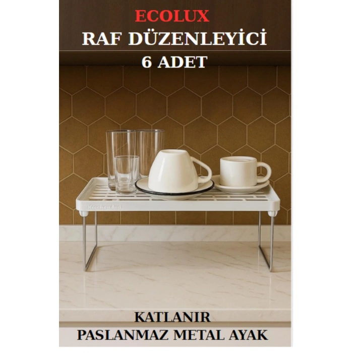Dolap İçi Düzenleyici Paslanmaz Metal Ayaklı Klipsli Raf Tabak Bardak Rafı - 6 ADET