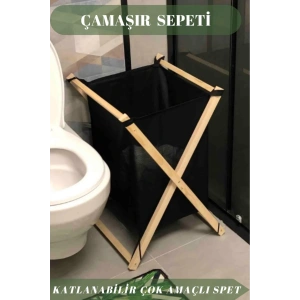 Ahşap Katlanır Kirli Çamaşır Sepeti Siyah Çamaşır Sepeti