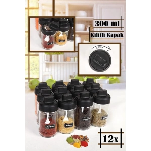 12 Adet Kilitllenebilir Kapaklı Kapağı Kendinden Kaşıklı - Kilitli Cam Baharatlık Takımı 300 ml