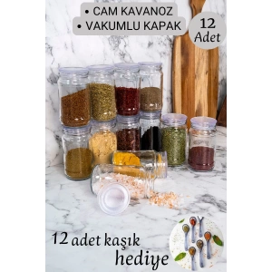 12 Adet Vakum Kapaklı 330cc Cam Kavanoz Baharat Seti - ETİKET ve KAŞIK hediyelidir