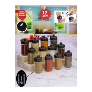 12 Li Kapağı Kendinden Kaşıklı Cam Baharat Takımı Kilitli Kapak-300 ml Baharatlık Baharat Seti