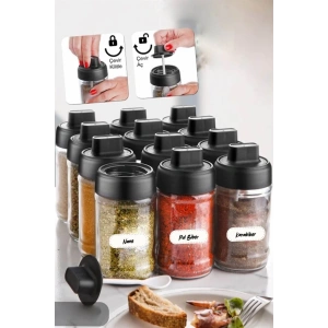 6 Adet Kilitllenebilir Kapaklı Kapağı Kendinden Kaşıklı Baharatlık Seti 300 ml Etiketli Cam Takımı