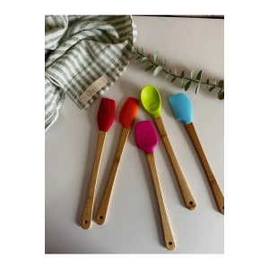 5 Adet Renkli Bambu Saplı Silikon Uçlu Spatula Fırçalı Kaşık Seti | 5li Silikon Spatula Seti