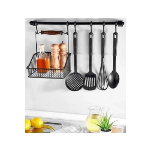 Ahşap Saplı Metal Mutfak Sepeti + Çok Amaçlı Metal Mutfak Askılık Seti - Kepçelik-Kaşıklık