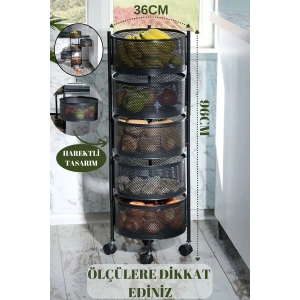 5 Bölmeli Özel Tasarım Paslanmaz Metal Patates Soğanlık Tekerlekli Sebzelik - SİYAH