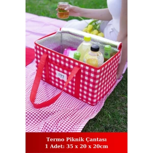Yalıtımlı Termal Piknik Çantası Kırmızı Pötikare Kulplu Soğuk Taşıma Çantası 35x20x20cm