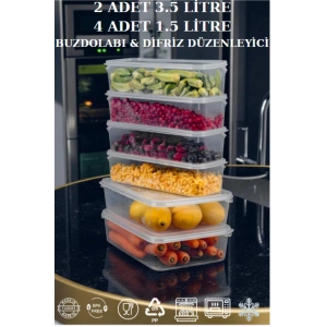 2 Adet 3,5 Lt - 4 Adet 1,5 Lt Sızdırmaz Saklama Kabı Buzdolabı Difriz Düzenleyeci Organizer