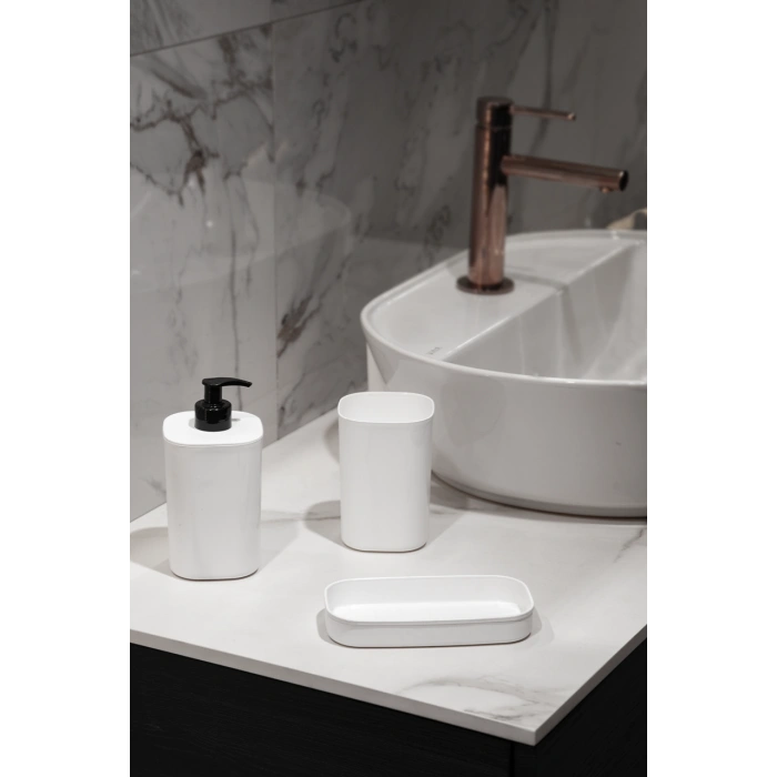 CREATİVE 3 PARÇA BANYO SETİ - SIVI SABUNLUK - DİŞ FIRÇALIK - SÜNGERLİK STANTLI BEJ