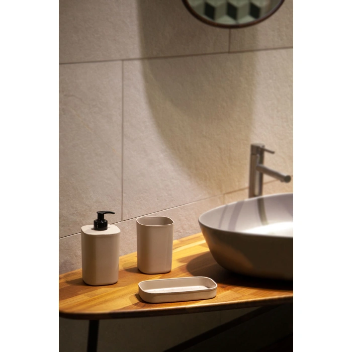 CREATİVE 3 PARÇA BANYO SETİ - SIVI SABUNLUK - DİŞ FIRÇALIK - SÜNGERLİK STANTLI BEJ