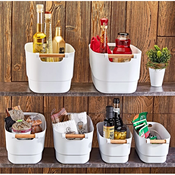 Ahşap Kulplu Çok Amaçlı Banyo Mutfak Çekmece Içi Düzenleyici 3 X 15 LT Sepet-Retro Collection BEYAZ