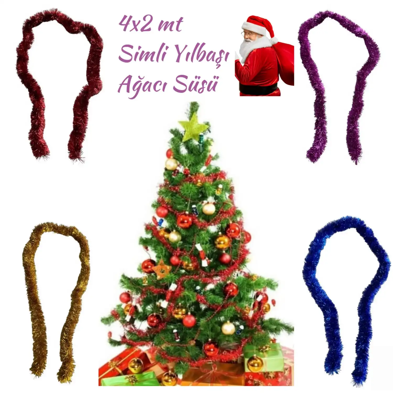 4lü Simli Yılbaşı Çam Ağacı Süsleri - 8 mt
