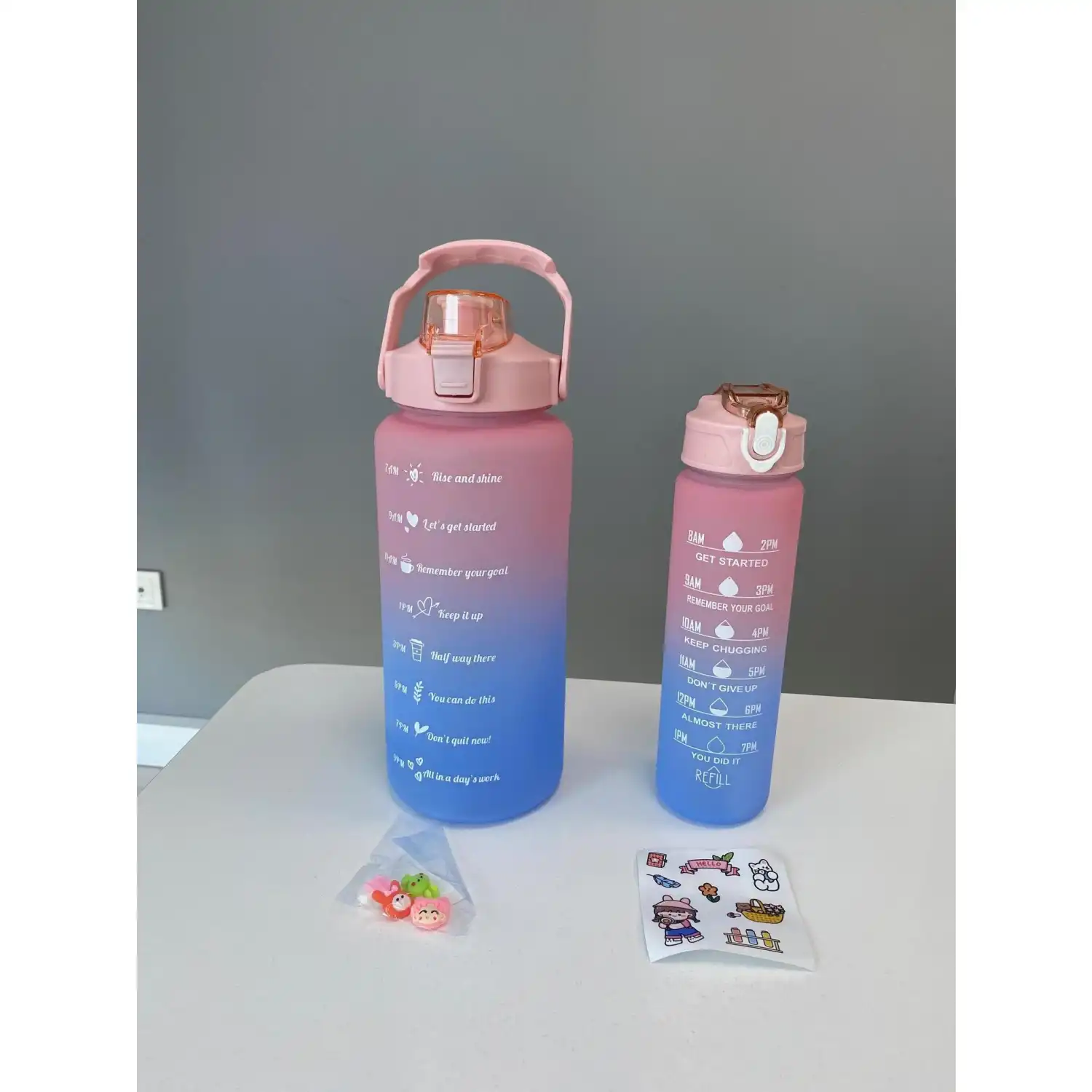 Motivasyonel 2li set Su Matarası | Spor Salonu Su Matarası | 2 Lt Ve 900 Ml Yavru Matara Suluk Pembe