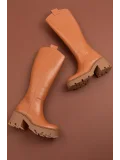 Gondol Hakiki Deri Kalın Taban Platform Topuklu Çizme vtg.23804 Taba