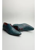 Gondol Erkek Hakiki Deri Sivri Burun Özel Deri Tasarımlı Kundura tz.619 Yeşil Siyah