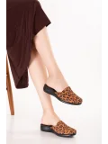 Gondol Kadın İçi Dışı Hakiki Deri Şık Ev Terliği Özl.960 Taba Leopar