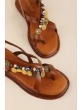 Gondol Hakiki Deri Vaketa Parmak Arası Süslü Sandalet crm.305 Taba