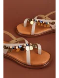 Gondol Hakiki Deri Vaketa Parmak Arası Süslü Sandalet crm.305 Vizon