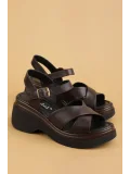 Gondol Hakiki Deri Platform Taban Topuklu Sandalet pkr.64004 Kahverengi