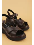 Gondol Hakiki Deri Platform Taban Topuklu Sandalet pkr.64004 Kahverengi
