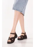 Gondol Hakiki Deri Platform Taban Topuklu Sandalet pkr.64004 Kahverengi