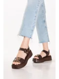 Gondol Hakiki Deri Platform Taban Sandalet pkr.2401 Kahverengi