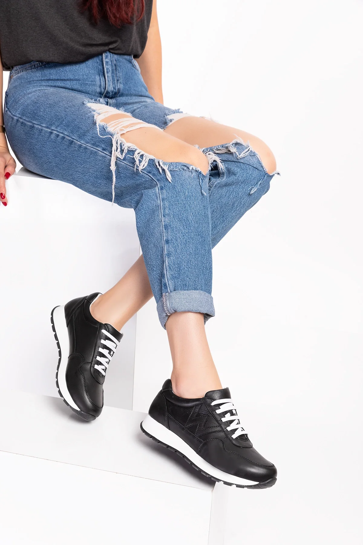 Gondol Içi Dışı Hakiki Deri Anatomik Taban Spor Ayakkabı flf.444 Siyah