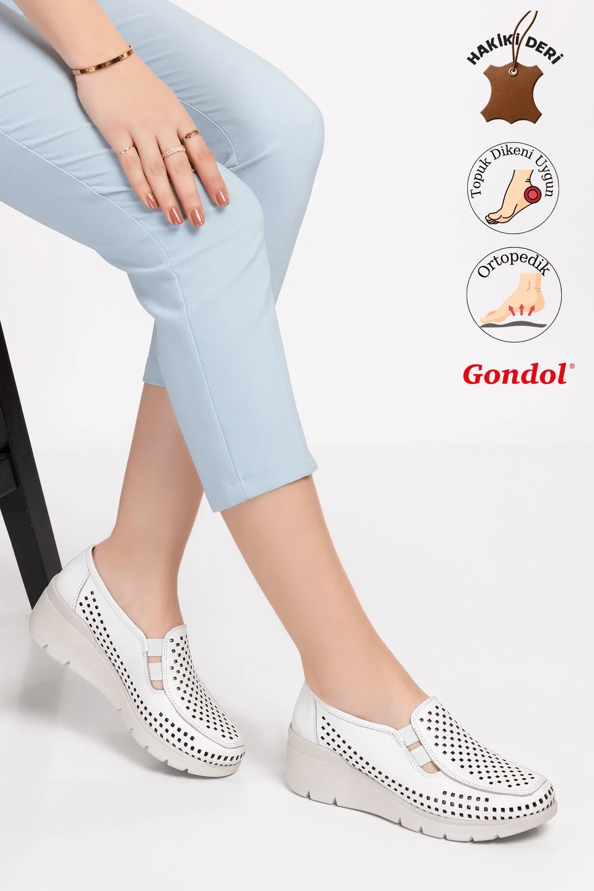 Gondol Hakiki Deri Dolgu Taban Rahat Yazlık Ayakkabı esfa.4001 Beyaz