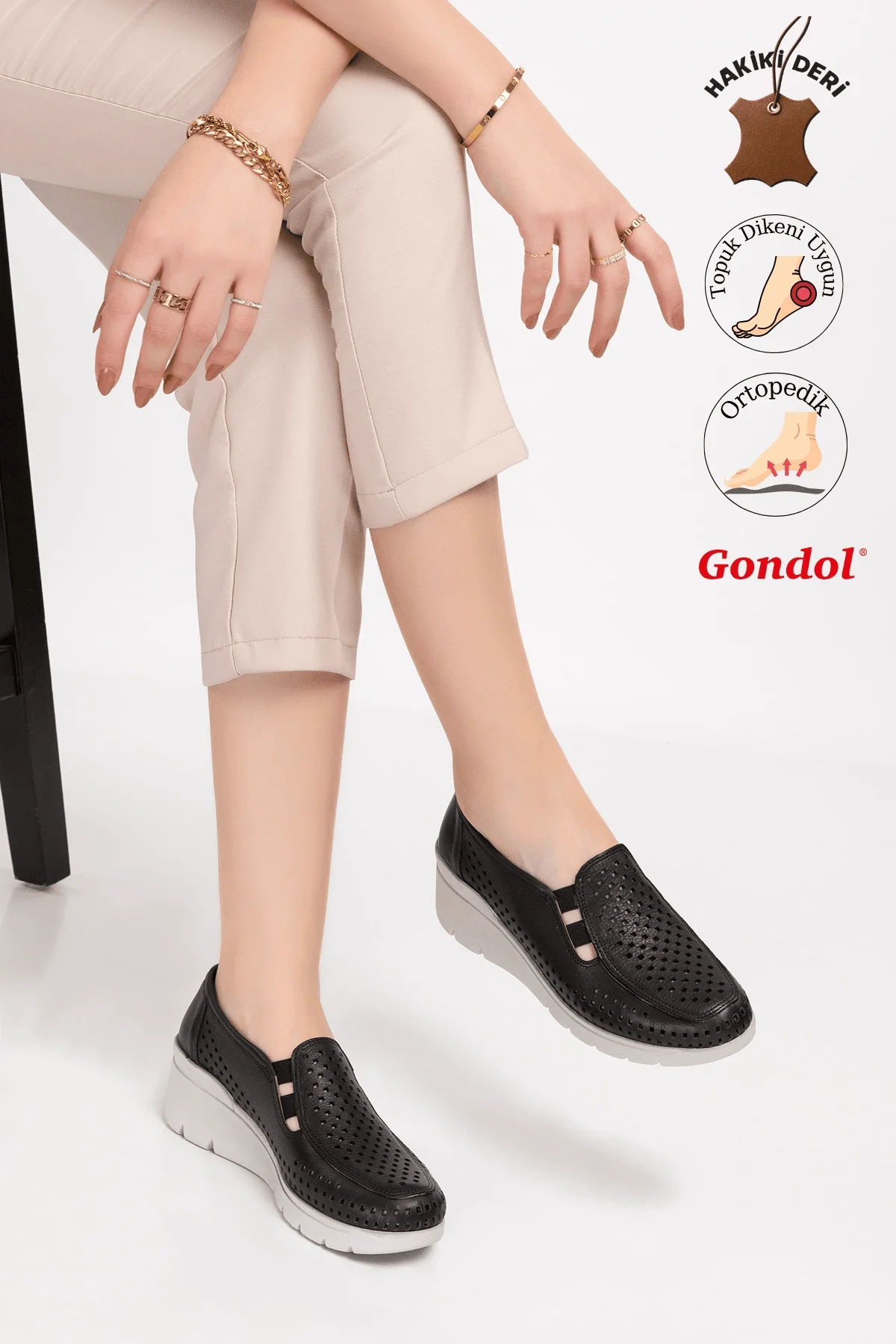 Gondol Hakiki Deri Dolgu Taban Rahat Yazlık Ayakkabı esfa.4001 Siyah