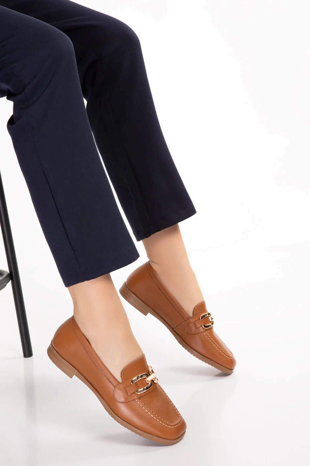 Gondol Hakiki Deri Kadın Köşeli Burun Loafer esl.b06 Taba