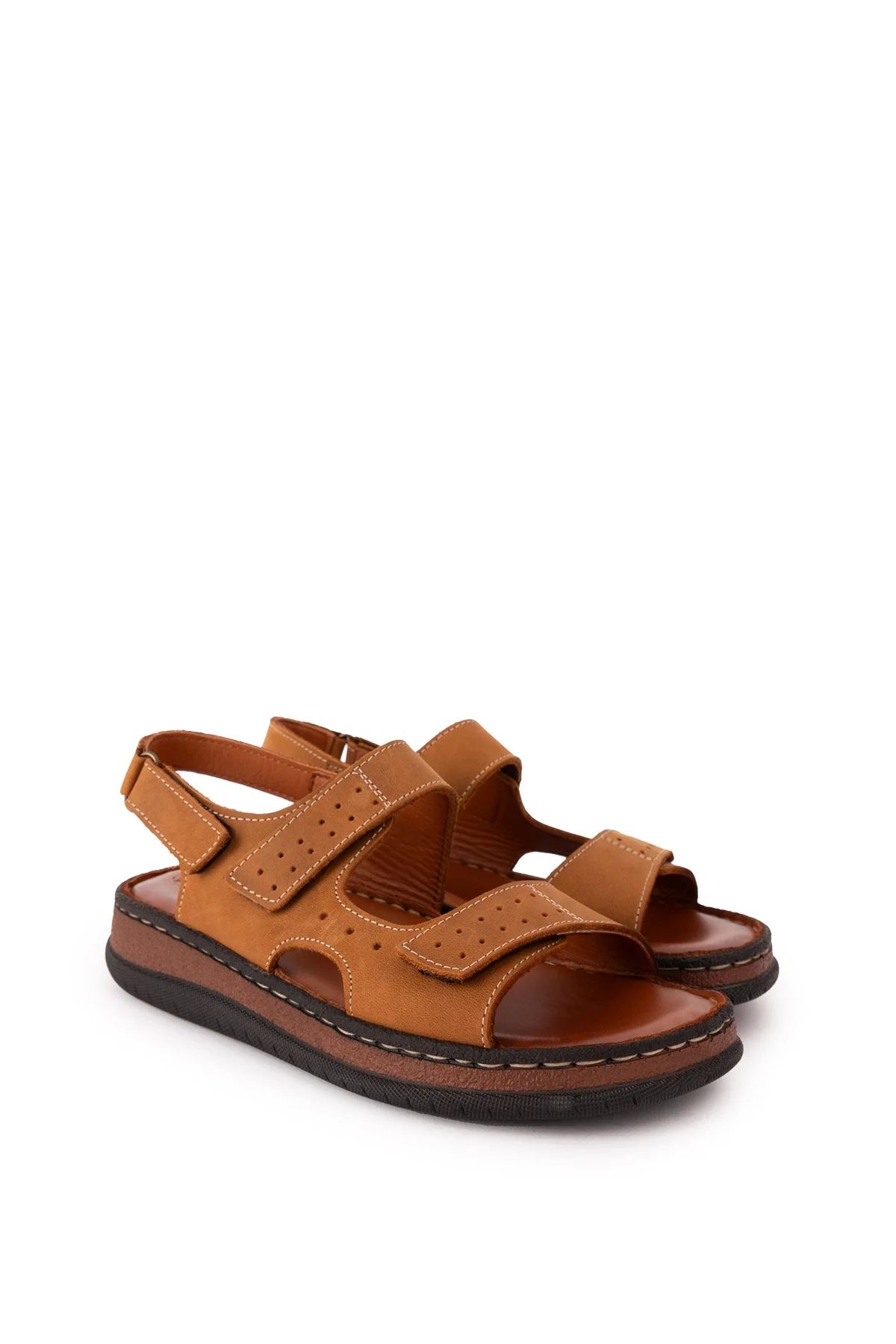 Gondol Unisex Hakiki Deri Cırtlı Ayarlanabilir Rahat Sandalet hkm.31 Taba