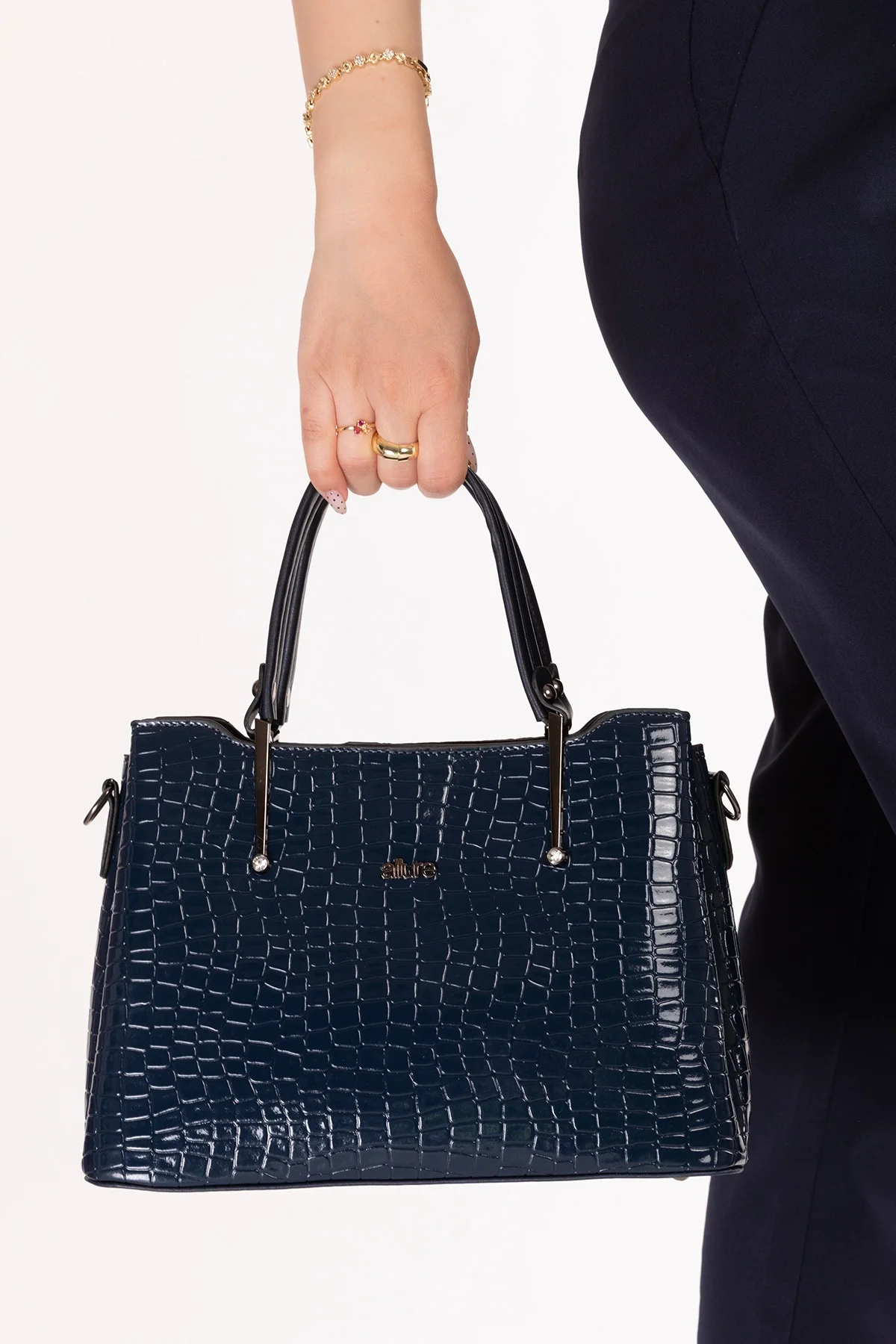 Gondol Kadın Çift Bölmeli El ve Omuz Çantası ald.3876 Lacivert Croco