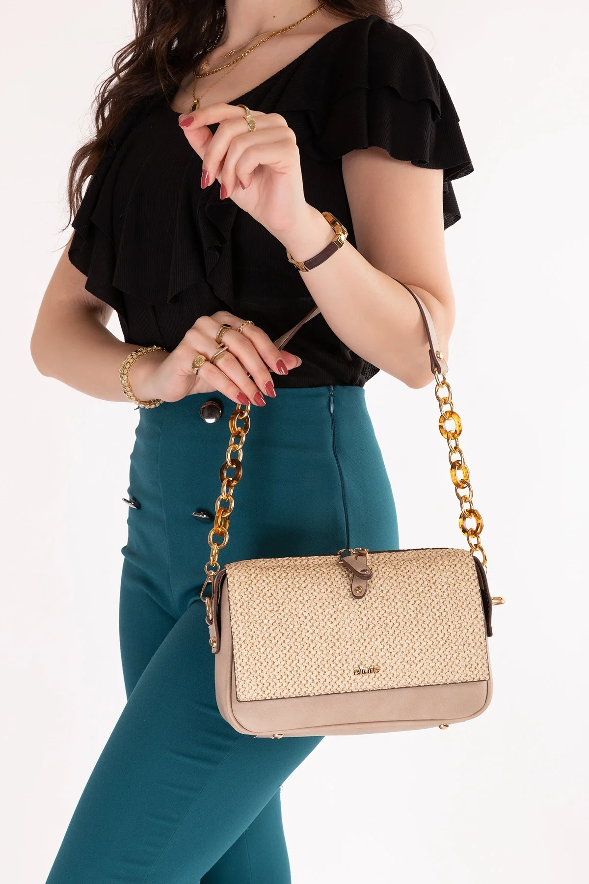 Gondol Kadın Çift Bölmeli El ve Omuz Çantası ald.1153 Vizon Hasır