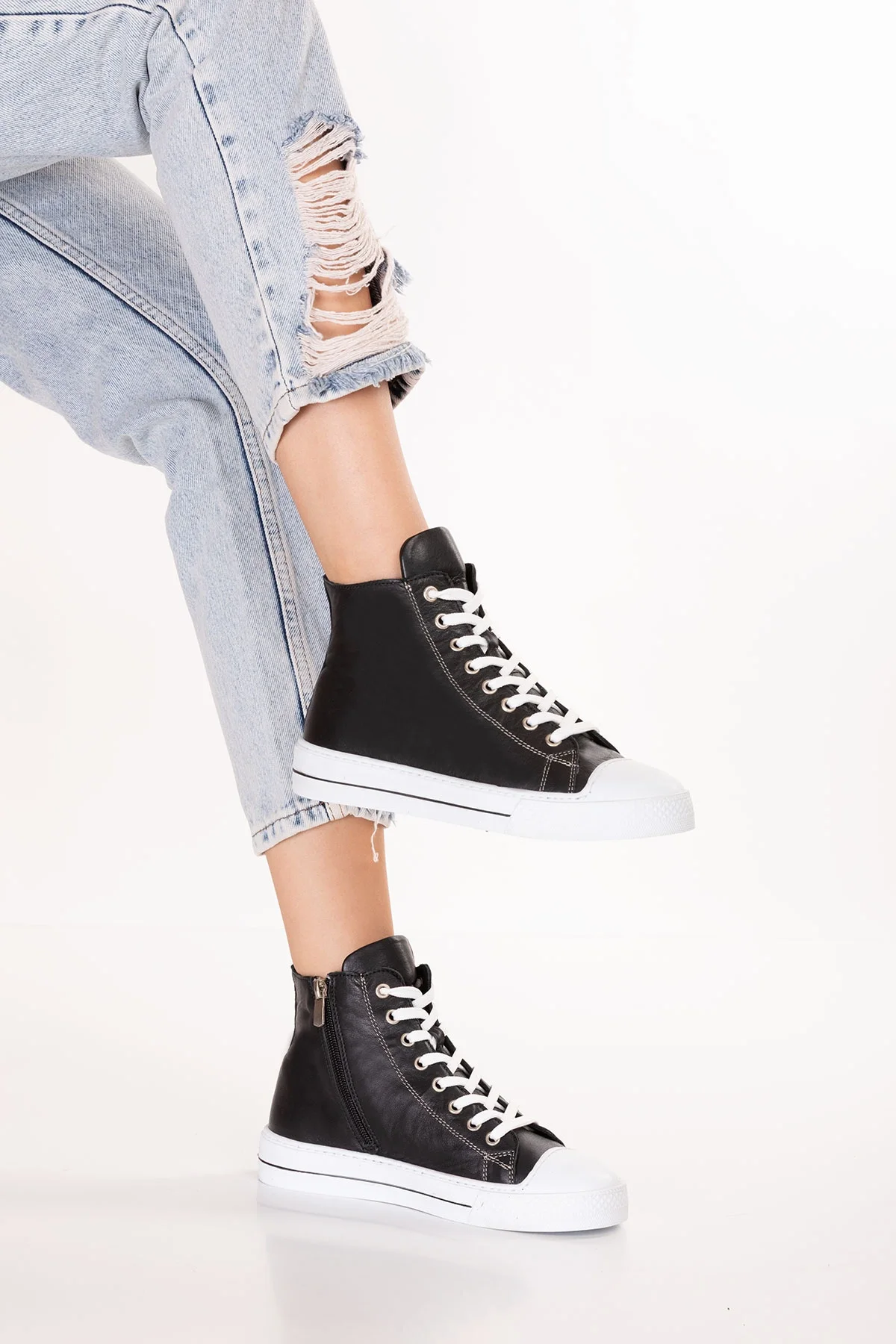 Gondol Kadın Hakiki Deri Günlük Yüksek Bilek Sneaker flf.671 Siyah