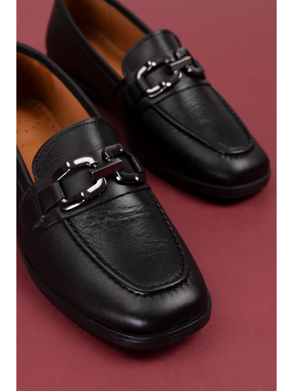 Gondol Hakiki Deri Kadın Köşeli Burun Loafer esl.b06 Siyah