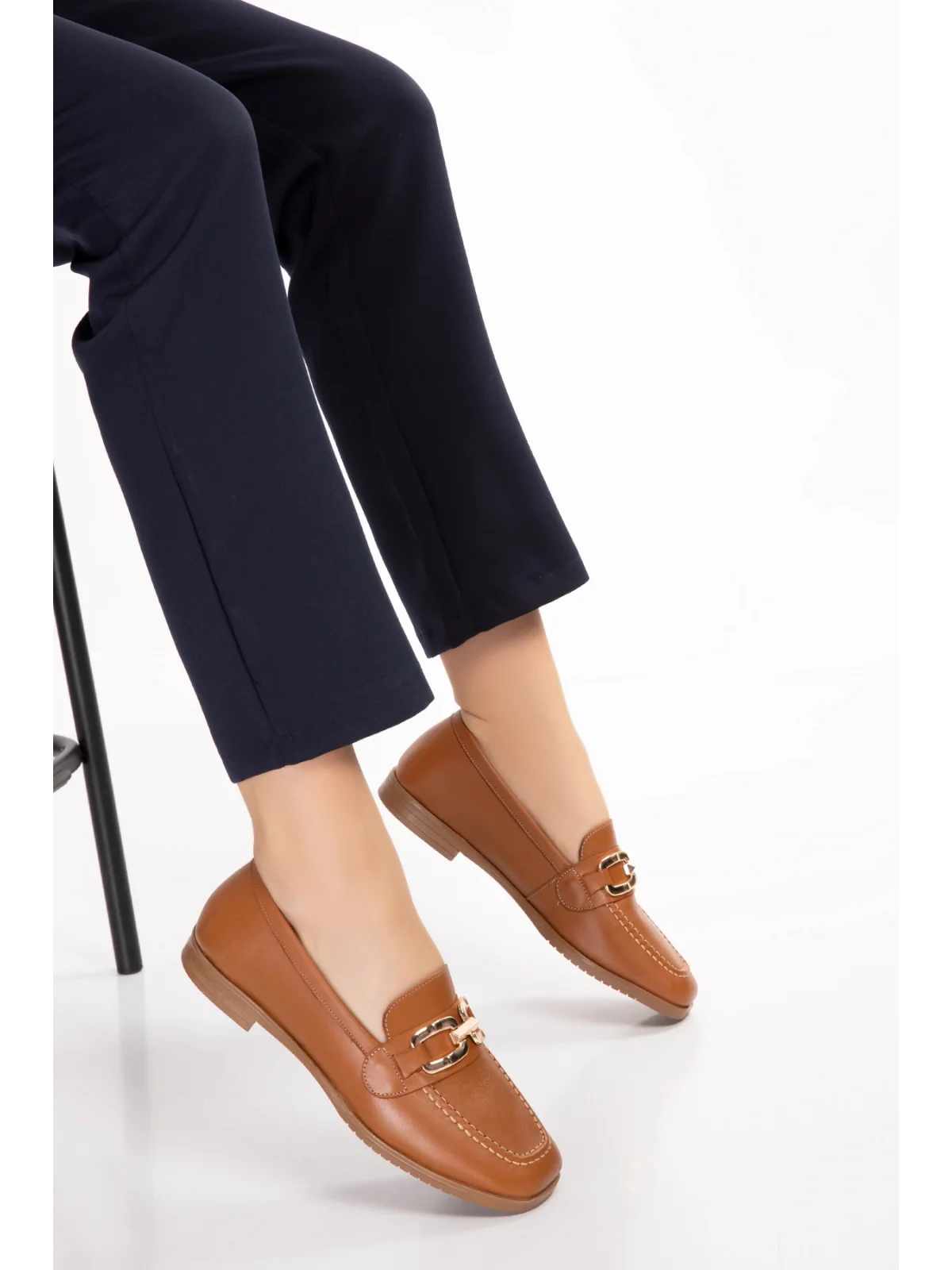 Gondol Hakiki Deri Kadın Köşeli Burun Loafer esl.b06 Taba