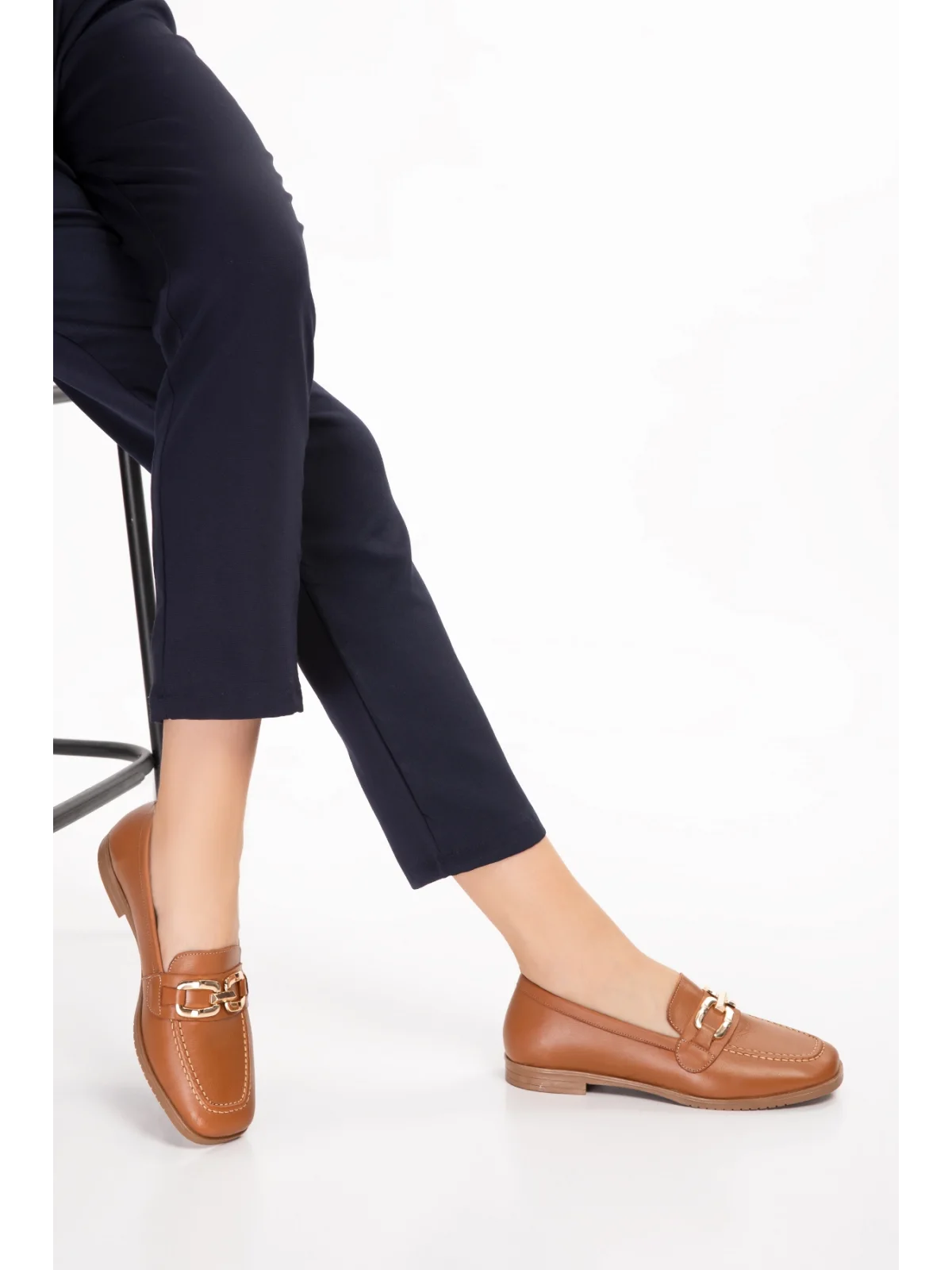 Gondol Hakiki Deri Kadın Köşeli Burun Loafer esl.b06 Taba