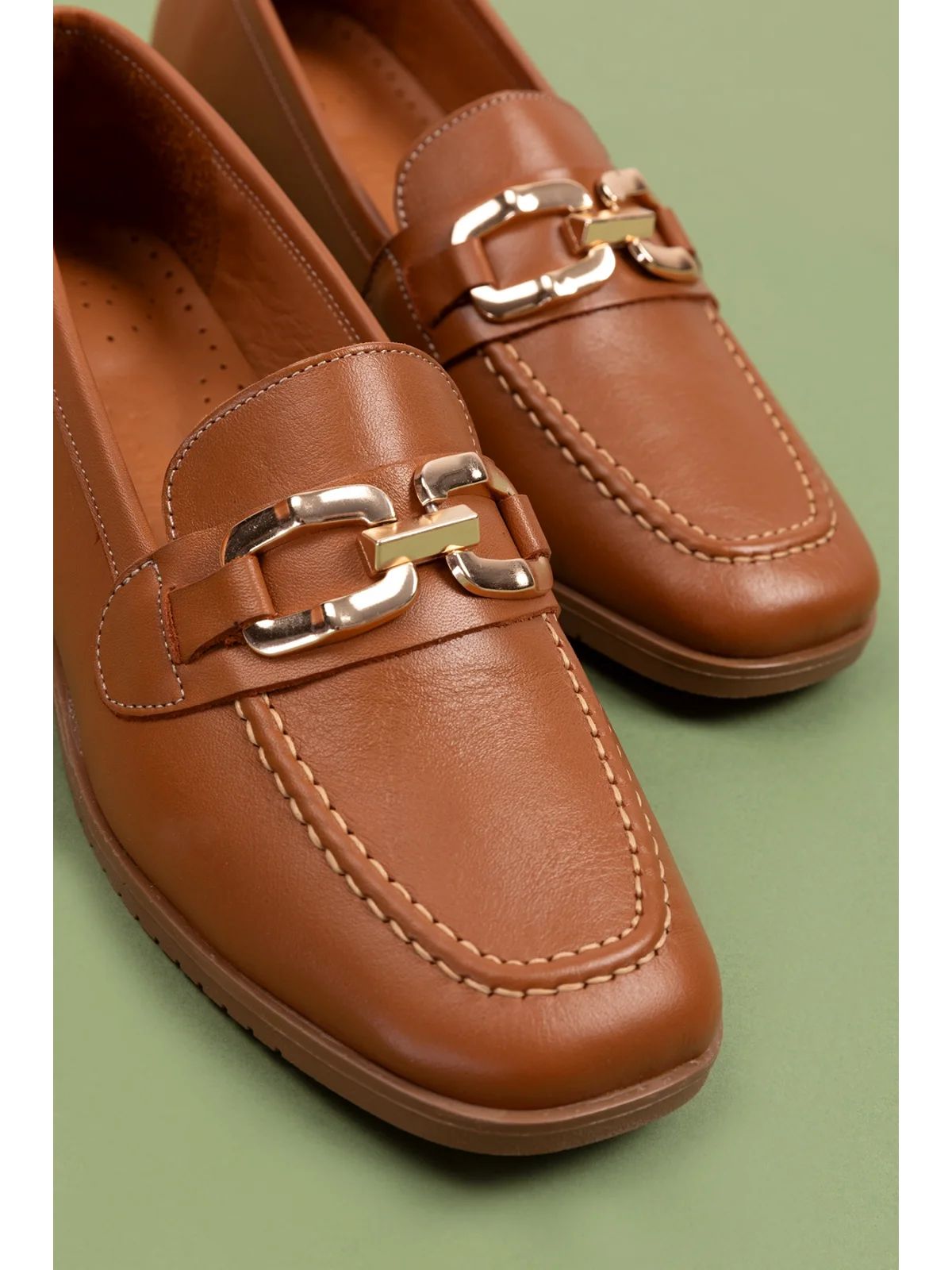 Gondol Hakiki Deri Kadın Köşeli Burun Loafer esl.b06 Taba