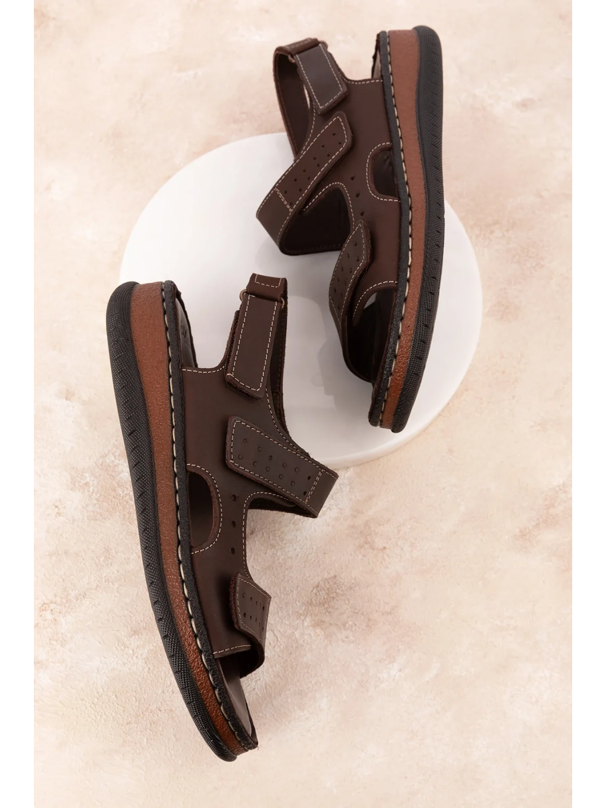 Gondol Unisex Hakiki Deri Cırtlı Ayarlanabilir Rahat Sandalet hkm.31 Kahverengi
