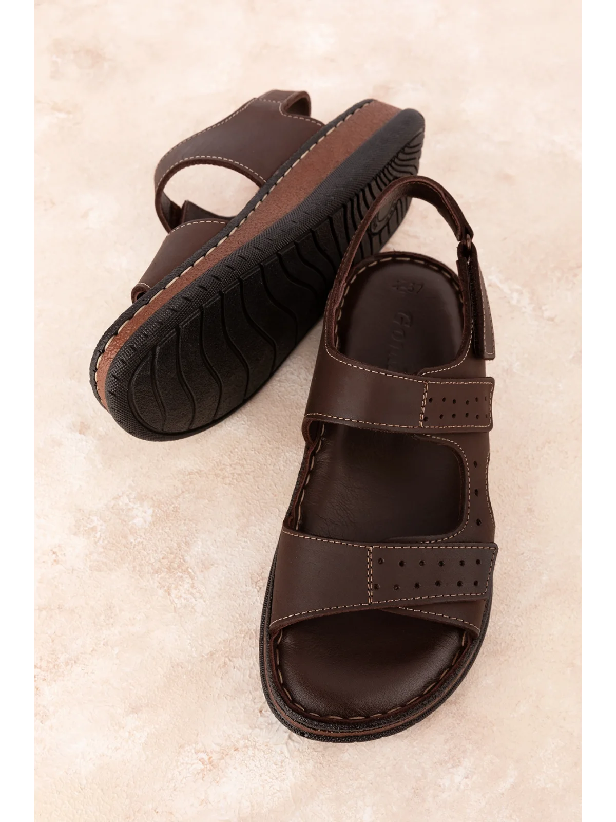 Gondol Unisex Hakiki Deri Cırtlı Ayarlanabilir Rahat Sandalet hkm.31 Kahverengi