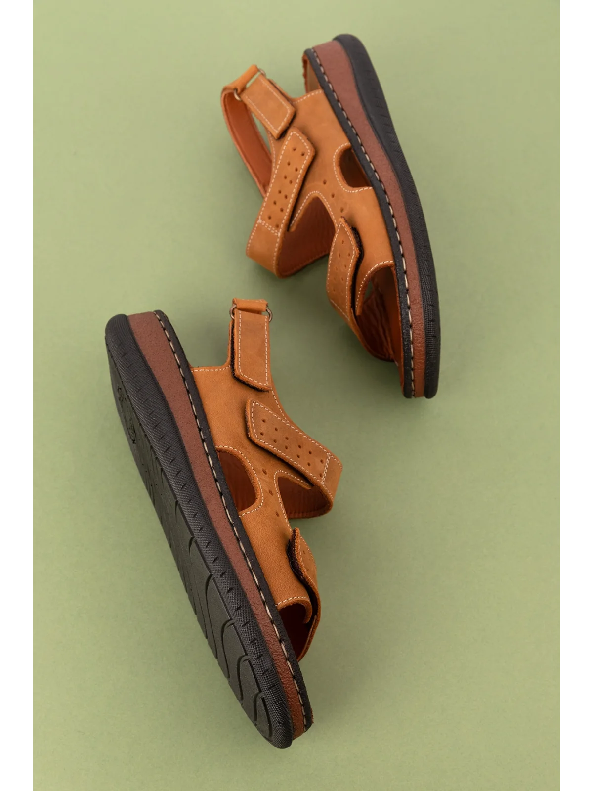 Gondol Unisex Hakiki Deri Cırtlı Ayarlanabilir Rahat Sandalet hkm.31 Taba