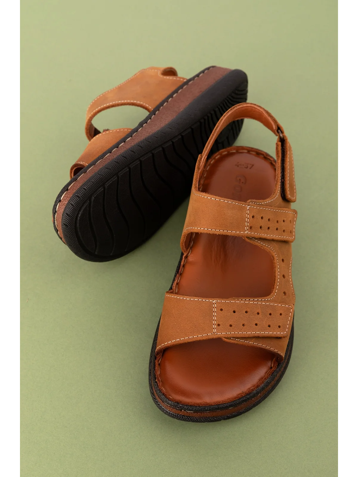 Gondol Unisex Hakiki Deri Cırtlı Ayarlanabilir Rahat Sandalet hkm.31 Taba