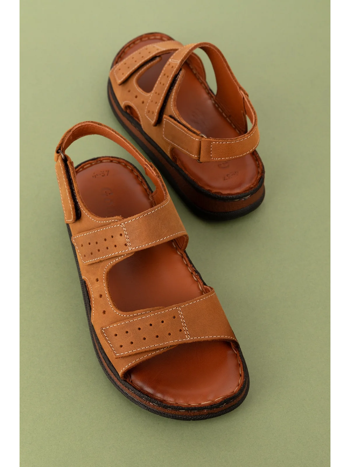 Gondol Unisex Hakiki Deri Cırtlı Ayarlanabilir Rahat Sandalet hkm.31 Taba