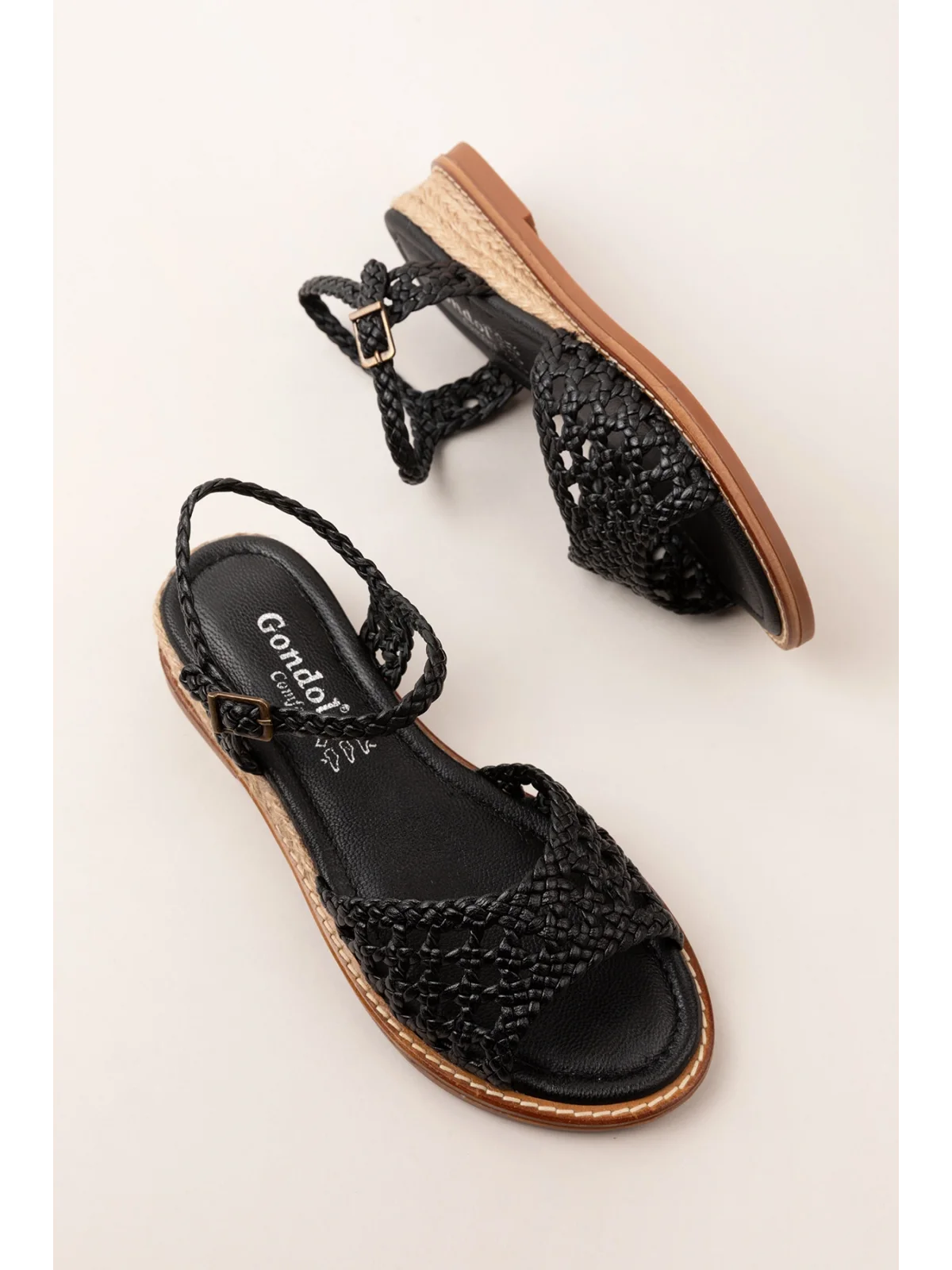 Gondol Kadın Hakiki Deri El Örgüsü Özel Hasır Sargılı Sandalet ell.7245 Siyah