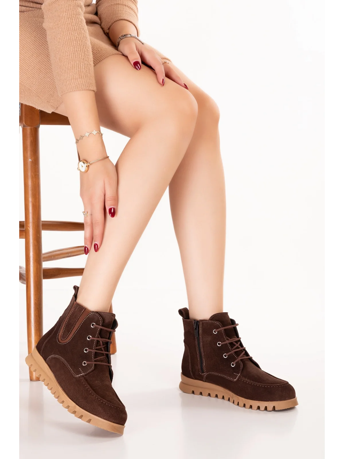 Gondol Hakiki Deri Kaymaz Taban Rahat Günlük Şık Bot mlk.5087 Kahve Süet