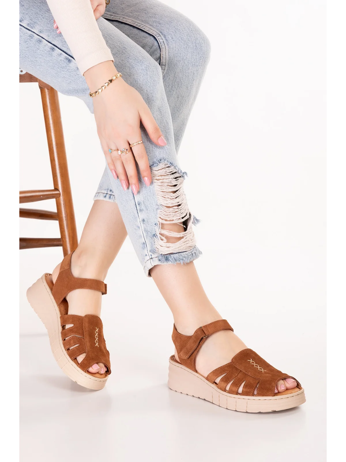 Gondol Hakiki Deri Rahat Günlük Sandalet rh.452 Taba Süet