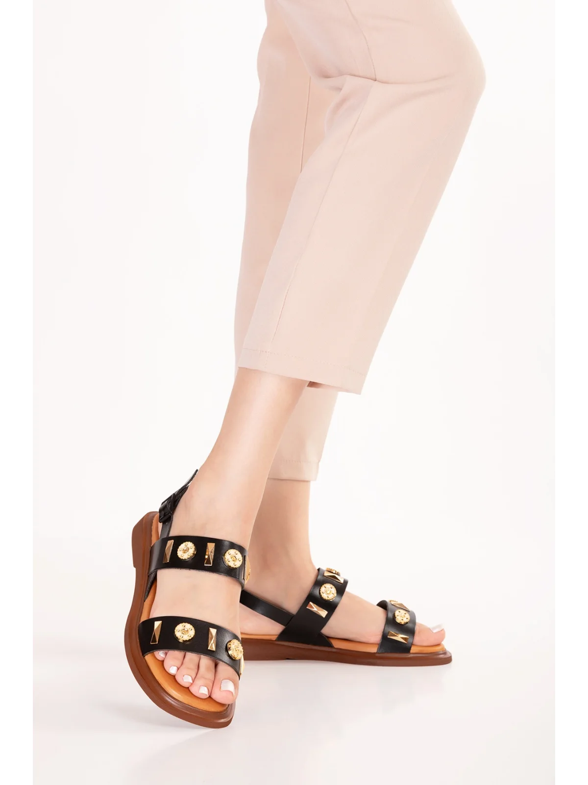 Gondol Hakiki Deri Vaketa Tarzı Günlük Sandalet crm.252 Siyah