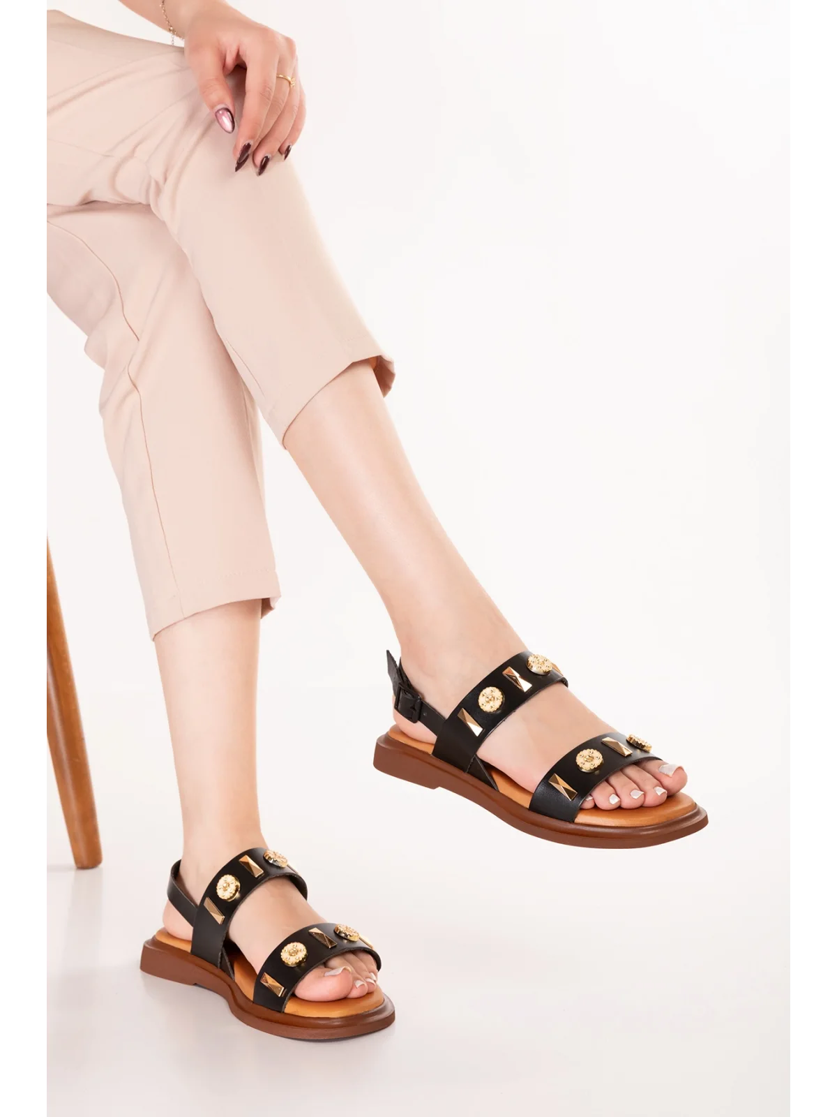 Gondol Hakiki Deri Vaketa Tarzı Günlük Sandalet crm.252 Siyah