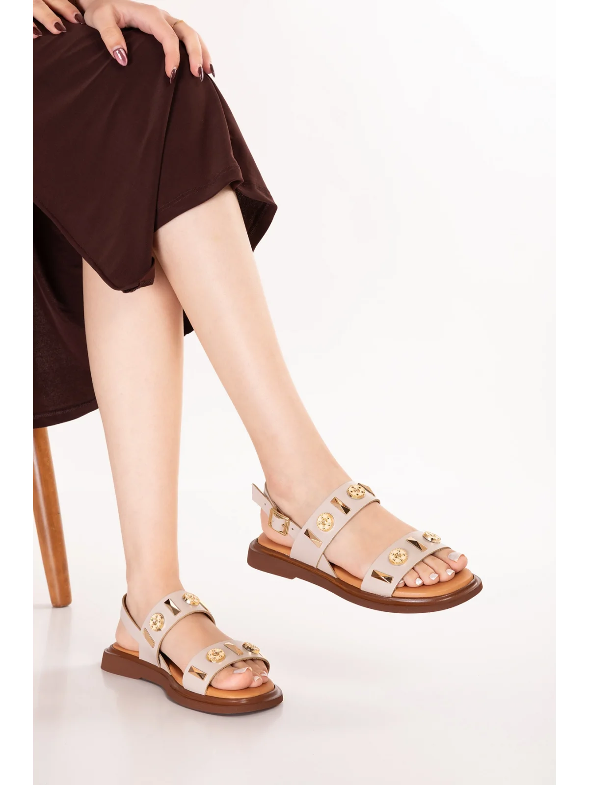 Gondol Hakiki Deri Vaketa Tarzı Günlük Sandalet crm.252 Vizon