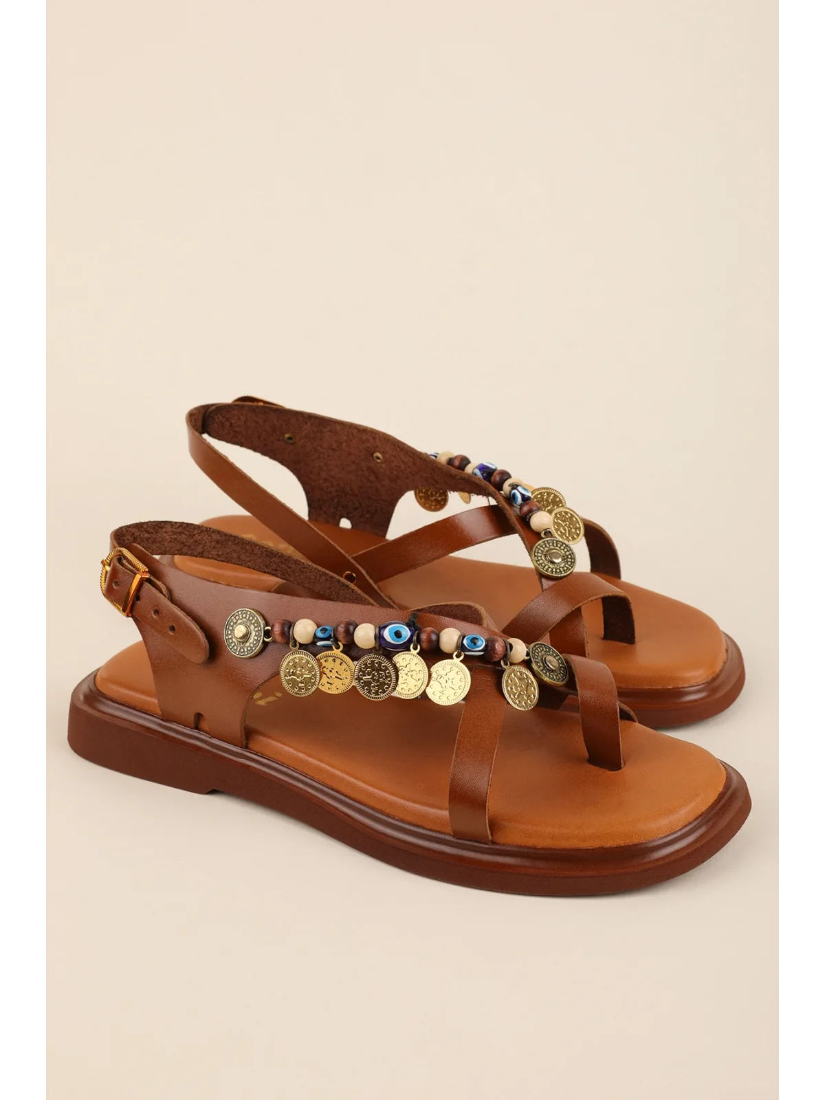 Gondol Hakiki Deri Vaketa Parmak Arası Süslü Sandalet crm.305 Taba